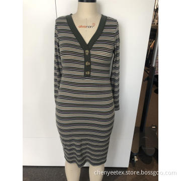 V-neck striped long knit dress